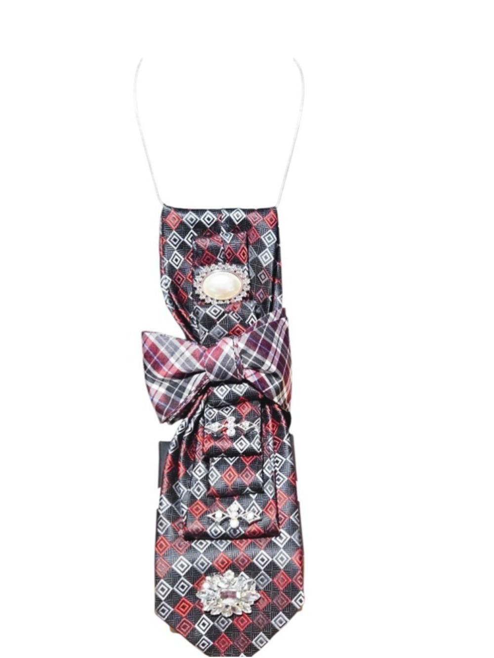 Unbranded Red Black Plaid Embellished Scarf One Size - Picture 9 of 9